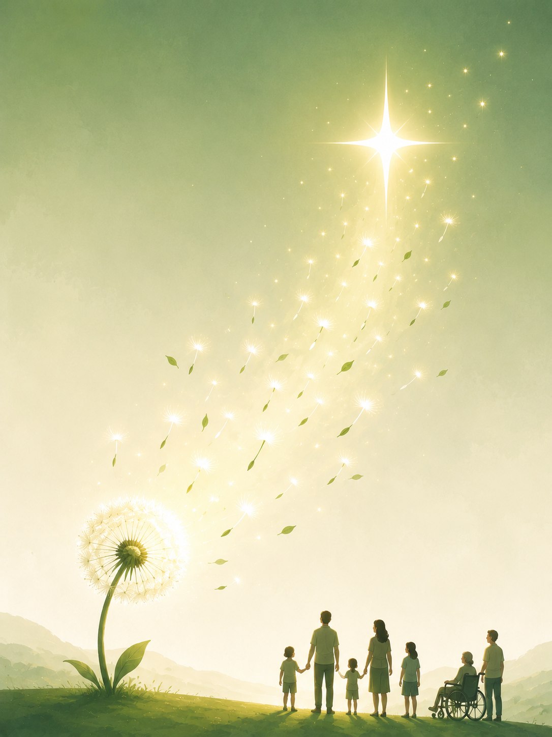 A family — including a young child and a person using a wheelchair — stands on a hillside looking toward a radiant star while dandelion seeds and leaves drift upward toward it